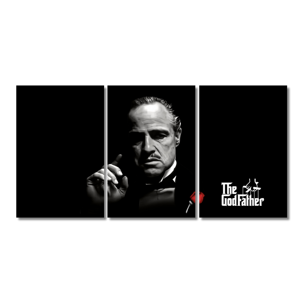 The Godfather 3-panel wall poster featuring Marlon Brando as Don Vito Corleone in black background with iconic red rose and white “The Godfather”. The Godfather poster, Vito Corleone wall art, Marlon Brando movie frame, mafia film decor, classic cinema poster, gangster movie artwork, The Godfather quote, black and white film art, iconic movie character poster, Godfather trilogy print, 1972 film wall Poster. Don Vito Corleone, portrayed by Marlon Brando.