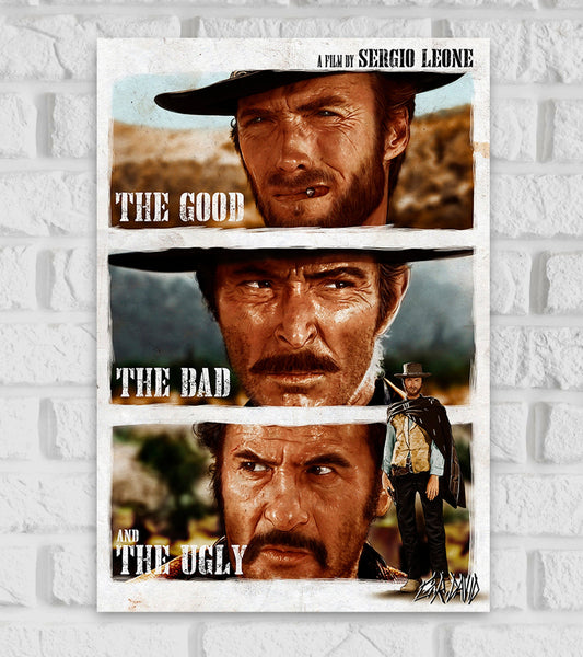Poster for the classic Western film "The Good, the Bad and the Ugly," directed by Sergio Leone. The design is divided into three horizontal sections, each showing a close-up of a different character: Clint Eastwood as "The Good" at the top with a cigar in his mouth and a squinting gaze, "The Bad" in the middle with a serious expression and dark mustache, and "The Ugly" at the bottom with a scowling, suspicious look. The text "THE GOOD" "THE BAD," and "AND THE UGLY" is written in bold white stencil font next