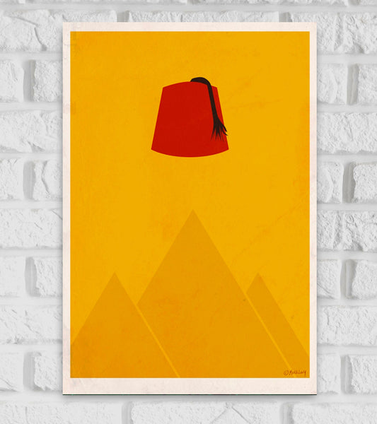 Minimalist poster for the movie "The Mummy." The design features a bright yellow background with three subtle pyramid silhouettes at the bottom, representing the Egyptian desert setting. Above the pyramids floats a red fez hat with a black tassel, symbolizing a key character element from the film. The overall style is simple and symbolic, using bold colors and clean shapes to evoke the theme of ancient Egypt and adventure.American action-adventure Stephen Sommers Brendan Fraser, Rachel Hollywood Movies