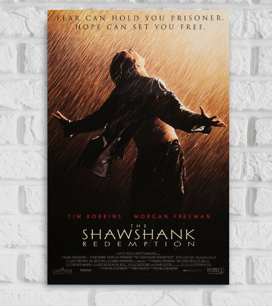 Poster of the movie "The Shawshank Redemption" featuring a man standing in the rain with arms outstretched and face turned upward, symbolizing freedom. The background is illuminated with a golden light. The top text reads, "Fear can hold you prisoner. Hope can set you free." Below, the names Tim Robbins and Morgan Freeman appear, followed by the movie title "The Shawshank Redemption" in bold letters.