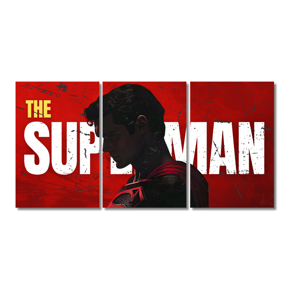 Superman 3-panel split wall poster featuring a silhouette of the superhero in black suit with red cape on grunge red background and bold white “THE SUPERMAN”. Superman poster, DC superhero wall art, Man of Steel poster, Superman silhouette print, Clark Kent artwork, superhero fan gift, Superman red background frame, Krypton hero wall decor, Superman comic poster, Henry Cavill Superman. Clark Kent or Kal-EL is the iconic superhero from DC Comics and one of the most powerful and beloved fictional character 