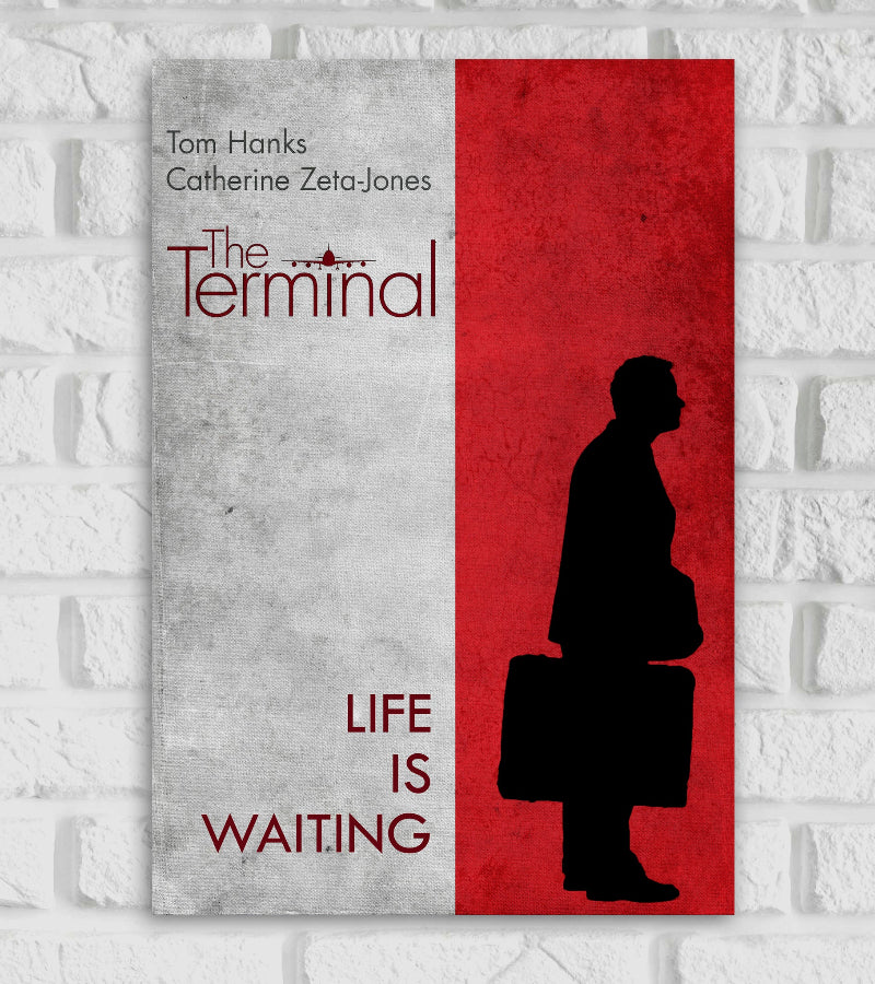 Minimalist poster from film "The Terminal" starring Tom Hanks and Catherine Zeta-Jones The design features a textured gray red background split vertically On the red side a black silhouette of a man holding a suitcase representing Tom Hanks' character stands facing left On the gray side the title "The Terminal" is displayed with a small airplane icon and below it the tagline reads “LIFE IS WAITING” in bold maroon letters The overall design is simple evocative Hollywood American comedy-drama film produce Tom