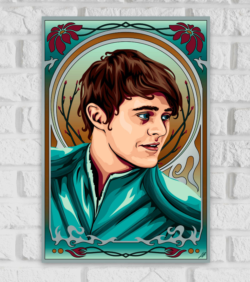 Illustrated poster of a character from The Witcher series featuring a young man with short brown hair, wearing a teal robe, and looking to the side with a slight smile. The background is decorated with floral patterns, branches, and warm earth tones, framed in an ornate, fantasy-inspired design. The overall artwork has a bright, whimsical, and magical atmosphere fantasy drama television series created by Lauren Schmidt Hissrich Polish author Andrzej Sapkowski 