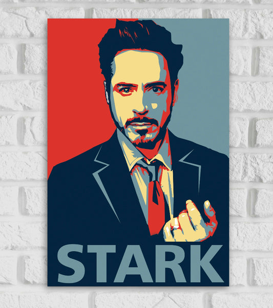 Pop-art style poster of Tony Stark, featuring a bold and colorful illustration inspired by political campaign art. Stark is depicted in a suit with a confident expression, holding out his hand. The background is split into red and blue tones, and the name “STARK” is written in large capital letters at the bottom Iron Man Anthony Edward Stark Marvel Cinematic Universe Hollywood Actor