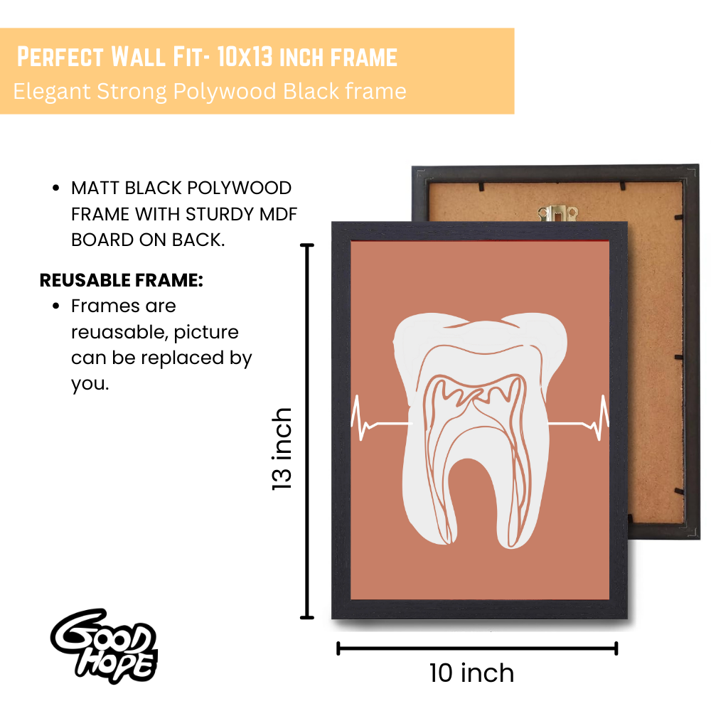 Dentist Funny Quote Wall Frames for Dental Clini, Photo Frame for Hospital With Hanging Hook | Brush Framed oster Pictures for Wall Decoration Dental Art Print – Tooth Anatomy Line Illustration Black Frame