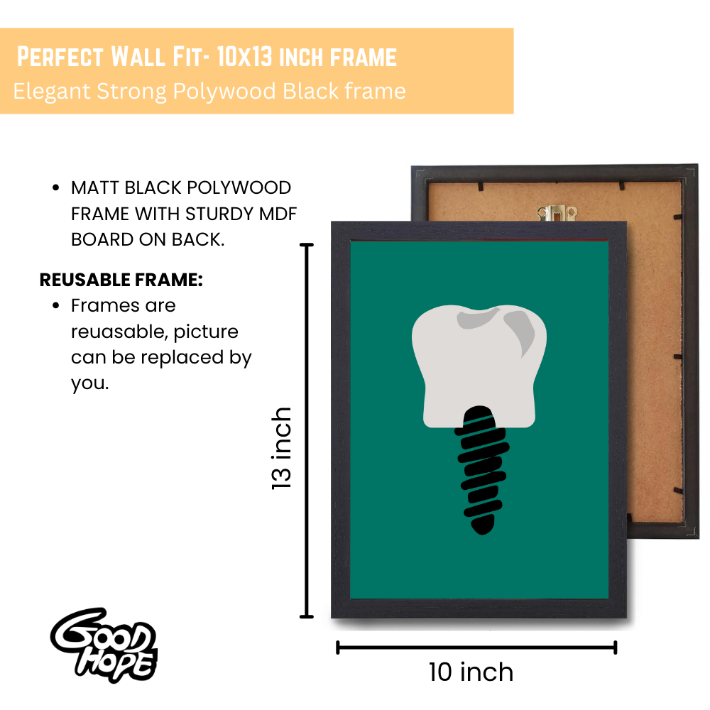 Dentist Funny Quote Wall Frames for Dental Clini, Photo Frame for Hospital With Hanging Hook | Brush Framed oster Pictures for Wall Decoration Dental Implant Illustration Wall Art – Modern Tooth with Screw Design in Black Frame