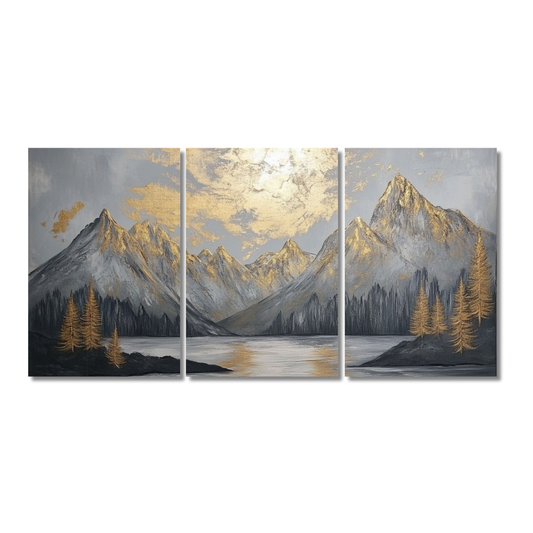 Abstract Mountain Wall Art 3 Panel Golden Gray Landscape Split Poster for Living Room, Bedroom, Office – Modern Nature Wall Decor Unframed Poster hall