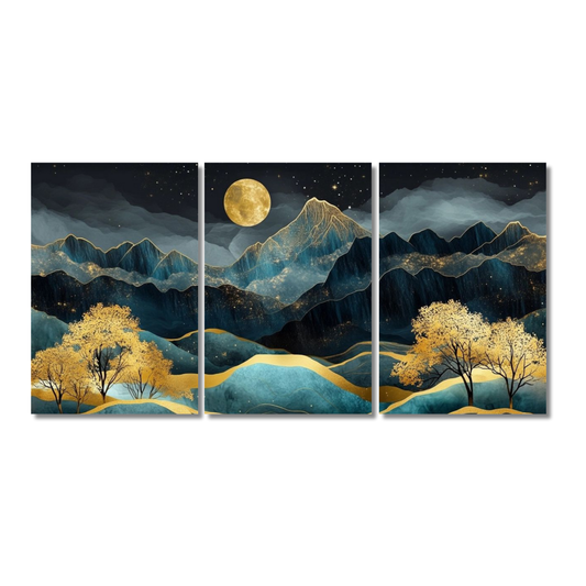 Golden Blue Mountain Wall Art 3 Panel Poster Split Poster with Full Moon & Trees – Modern Abstract Nature Wall Decor for Living Room, Bedroom, Office, hall Gift Wall Paintings, Abstract Painting for Living room, Abstract Wall Painting , Abstract Wall Art, Abstract Wall Paper 