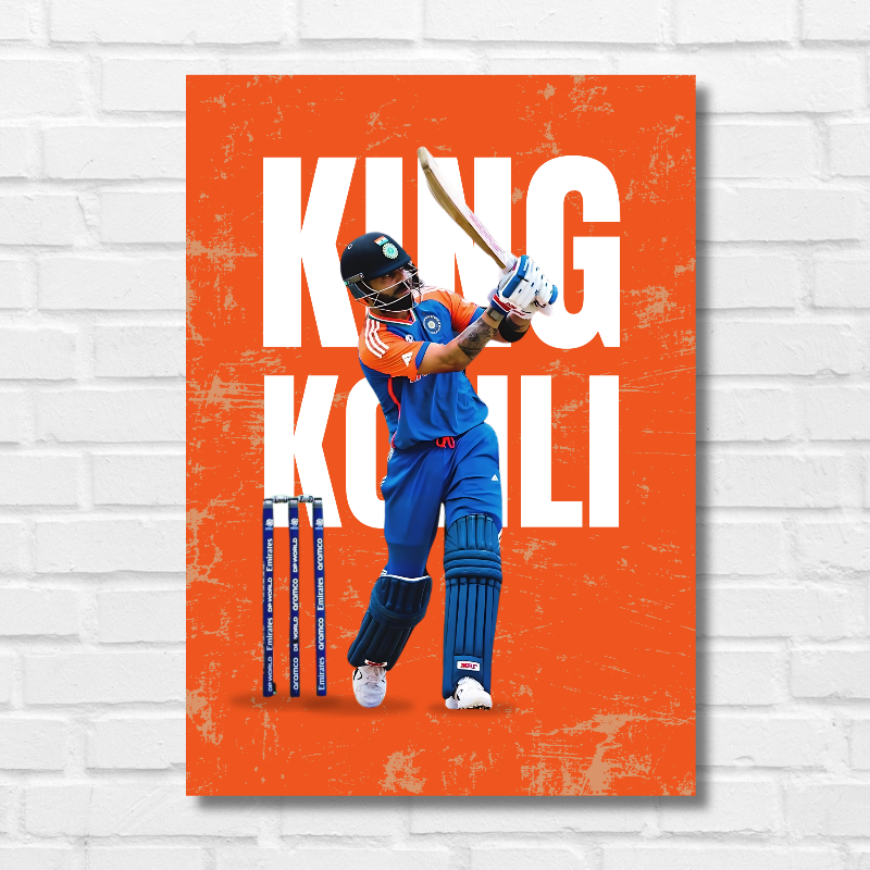 Virat Kohli King Kholi Indian Cricketer Run Machine Sports Player Cricket World Cup T20 IPL Orange Color Matte Finish Black Color Wall Decor Posters Frame