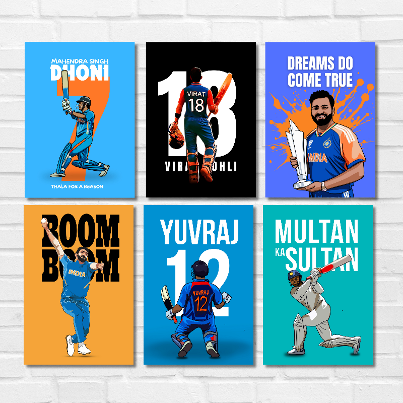 Virat Kohli Indian Cricketer Posters Sports Player Cricket World Cup T20 IPL Motivational Quote Matte Finish Black Orange Red Blue & White Color Wall Decor Posters Frame