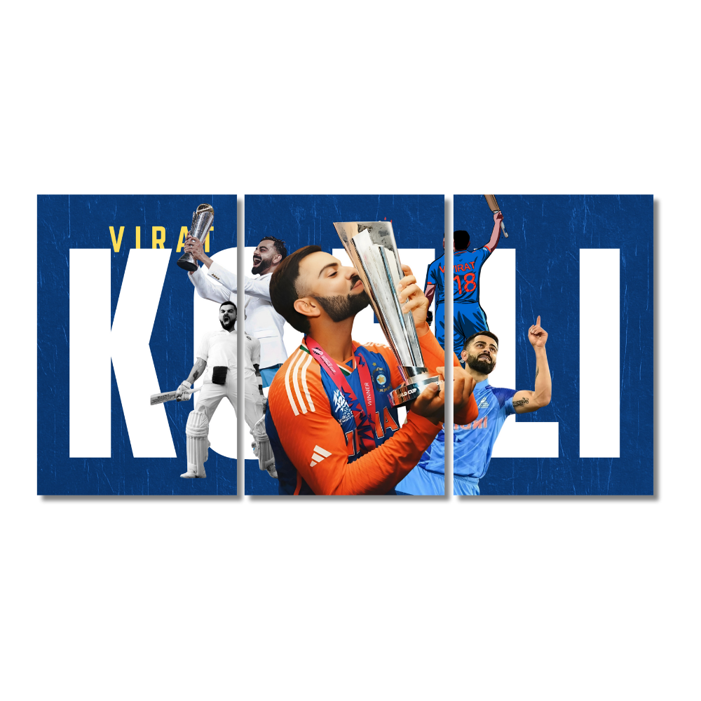 Virat Kohli Cricket Poster – 3 Panel Split Wall Art – World Cup Champion Tribute Frame Featuring Iconic Moments, Virat Kohli poster, Kohli World Cup wall art, Indian cricket legend print, Virat Kohli trophy celebration, Kohli 3-panel frame, Team India cricket decor, ICC World Cup 2023 tribute, Kohli fan wall poster, Indian cricket superstar print, Virat Kohli cricket moments artwork.