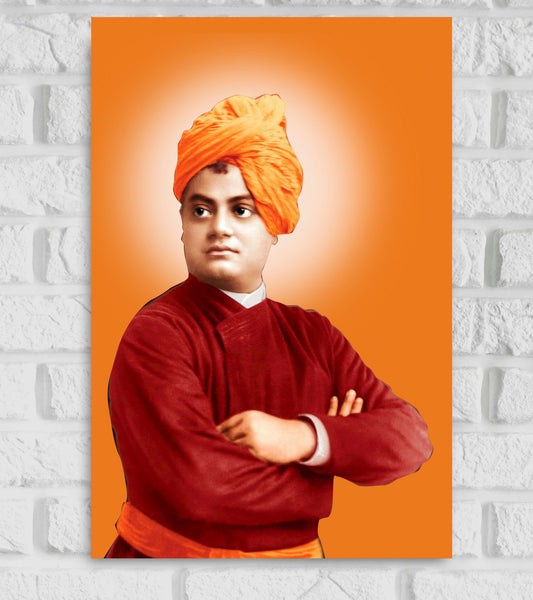 Framed Poster of Swami Vivekananda with a confident expression, wearing a traditional maroon robe and orange turban, set against a bright orange gradient background with a white halo effect