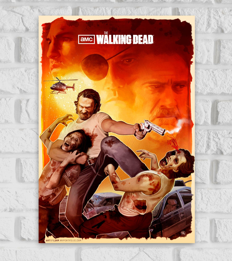"Poster of AMC's 'The Walking Dead' showing the main character in a white shirt fighting off zombies with a revolver in hand. He is depicted shooting one zombie in the head while restraining another. The background features intense orange and red tones, a helicopter, wrecked cars, and ominous faces looming above, creating a dramatic and apocalyptic atmosphere." American post-apocalyptic horror drama television series Robert Kirkman, Tony Moore, and Charlie Adlard Hollywood English Series Actrs