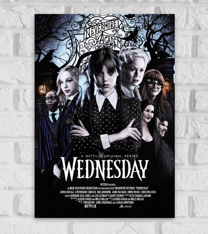 Poster of Wednesday, a Netflix original series, featuring the main character Wednesday Addams in the center with her signature black outfit and braided hair, standing in front of the gates of Nevermore Academy. Surrounding her are other key characters from the series, set against a dark, eerie background with bare trees and gothic architecture. The title "Wednesday" appears prominently at the bottom in a bold, spooky font Horror Television Series Addams Hollywood Action Movie
