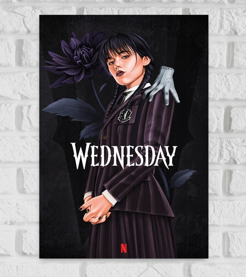 Poster of the Netflix series Wednesday featuring a stylized illustration of Wednesday Addams with a stern expression dressed in her signature dark striped uniform and braided hair A disembodied hand "Thing" rests on her shoulder A large dark flower blooms behind her adding to the gothic aesthetic The title "WEDNESDAY" is prominently displayed in white gothic font across the center with the red Netflix logo at the bottom The overall tone is dark and mysterious reflecting the series' supernatural Hollywood