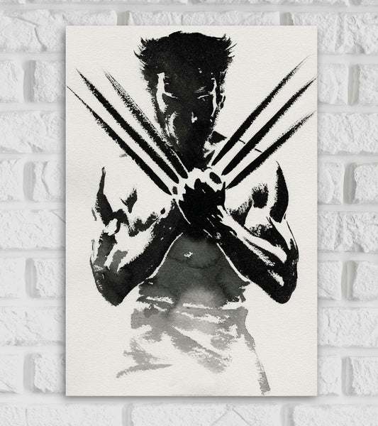 Stylized black-and-white poster of Wolverine featuring an ink-brush illustration of a muscular man with wild hair and extended claws crossed in front of his chest. The artwork uses a minimalist watercolor effect, emphasizing shadows and bold strokes to create a dramatic and intense look. The background is plain white, keeping the focus on the character  American comic Marvel Comics Hollywood Avengers