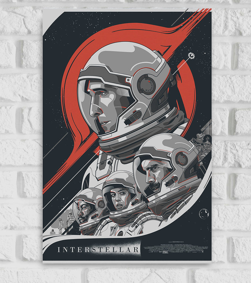 Illustrated poster of Interstellar featuring multiple astronauts in space suits, including prominent close-ups of key characters. The background shows a stylized red arc, stars, and a spacecraft. The bottom section displays the title “INTERSTELLAR” in white text against a dark background. The design has a comic-book art style with shades of grey, red, and black.
hollywood Movies epic science fiction film