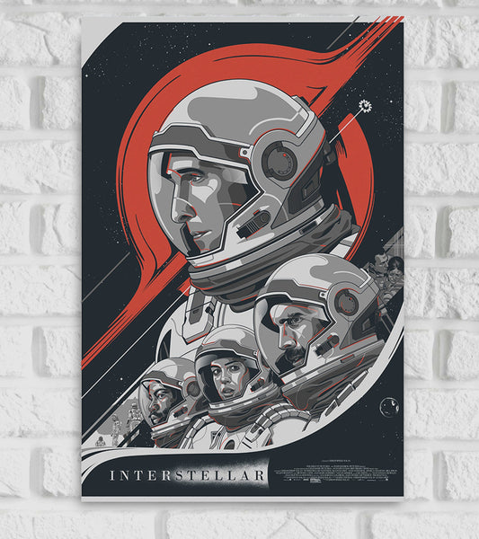 Illustrated poster of Interstellar featuring multiple astronauts in space suits, including prominent close-ups of key characters. The background shows a stylized red arc, stars, and a spacecraft. The bottom section displays the title “INTERSTELLAR” in white text against a dark background. The design has a comic-book art style with shades of grey, red, and black.
hollywood Movies epic science fiction film