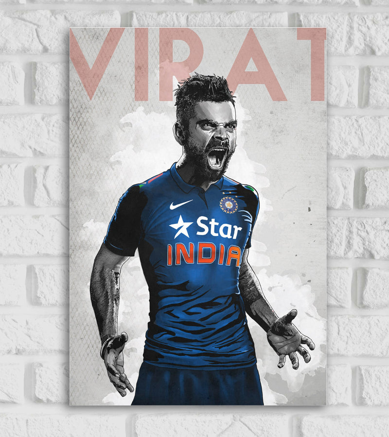 Virat Kohli King Kholi Indian Cricketer Run Machine Sports Player Cricket World Cup T20 IPL Red Blue & White Color Matte Finish Wall Decor Posters Frame