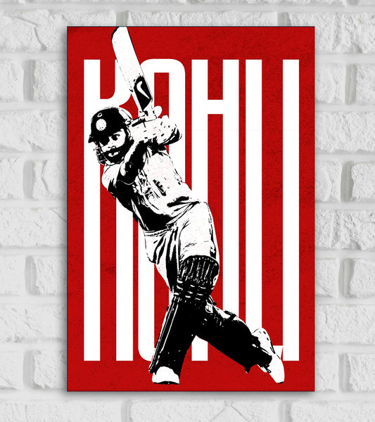 Virat Kohli King Kholi Indian Cricketer Run Machine Sports Player Cricket World Cup T20 IPL Red & White Color Matte Finish Wall Decor Posters Frame