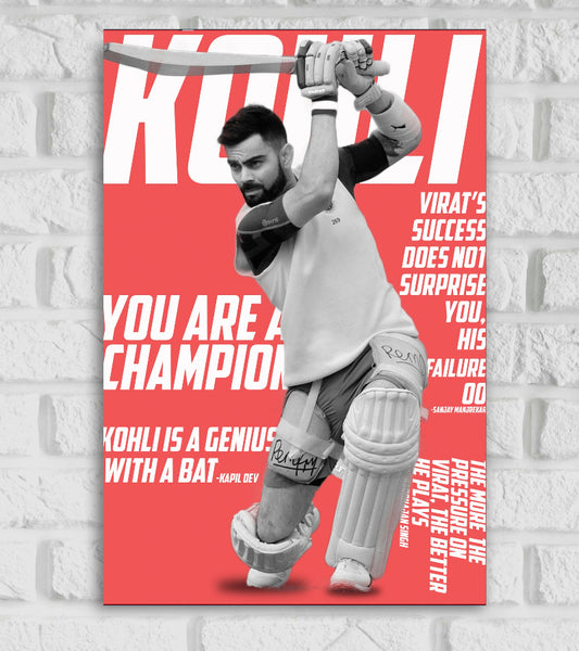 Virat Kohli King Kholi Indian Cricketer Run Machine Sports Player Cricket World Cup T20 IPL Red & White Color Matte Finish Wall Decor Posters Frame