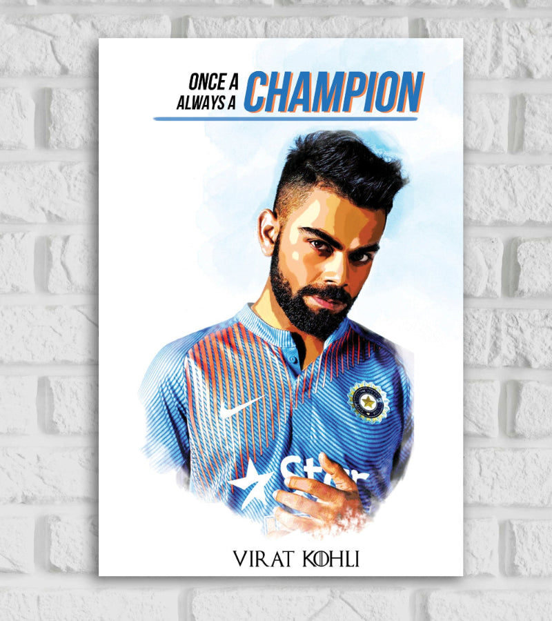 Virat Kohli Champion King Kholi Indian Cricketer Run Machine Sports Player Cricket World Cup T20 IPL Orange Color Matte Finish Black Color Wall Decor Posters Frame